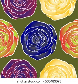 Seamless vector pattern with green, yellow and violet roses. Design of flowers in vintage style. Illustration of floral decoration.