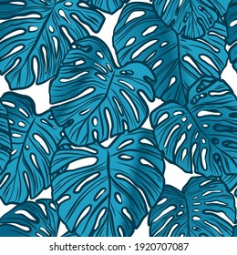 Seamless vector pattern of greenery leaves Monstera. Exotic tropical repeat ornament.