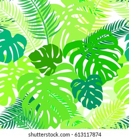 Seamless vector pattern of greenery leaves monstera and palm. Exotic tropical repeat ornament