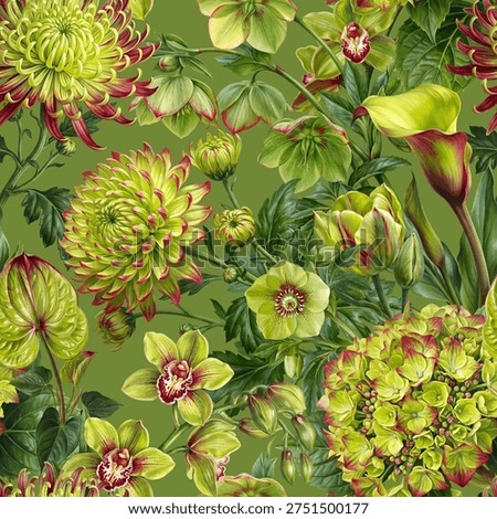 Seamless vector pattern with green-red flowers isolated on a changeable background. Vintage painting style illustration.