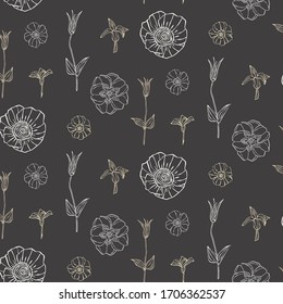 Seamless vector pattern with grey background and hand drawn vintage spring flowers and petals of hyacinth, poppy, lily, camomile, daisy, tulip, rose, iris, cowslip, primula, primrose, orchid