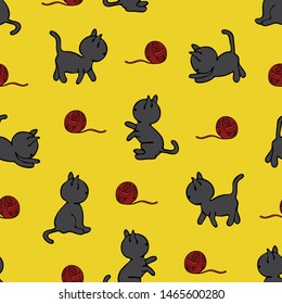 Seamless vector pattern with grey cats on yellow background. Cute kitten playing with yarn ball wallpaper design. Simple animal fashion textile.