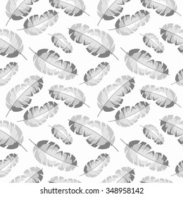 Seamless vector pattern, grey chaotic background with feathers, over white backdrop