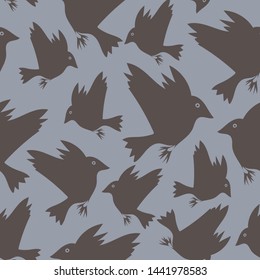 Seamless vector pattern with grey crows on blue background. Flying bird silhouette wallpaper design. Decorative fashion textile.