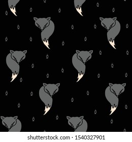 Seamless vector pattern with grey foxes on black background. Simple animal wallpaper design. Trendy fashion textile.