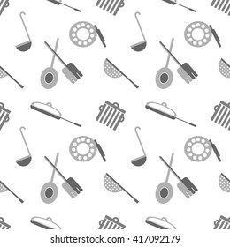 Seamless vector pattern with grey kitchenware on the white background. 