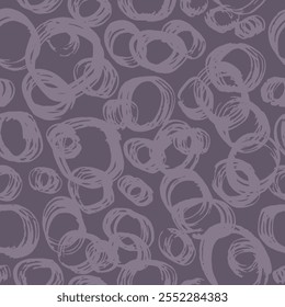 
Seamless vector pattern in grey and purple tones made of brush-drawn irregular intersecting circles of different sizes.
