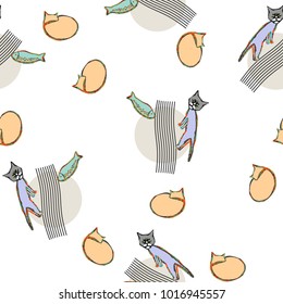 Seamless vector pattern with grey and red cats, fish and geometric shapes in pastel palette. Vector illustration for t shirt, textile design, for all over printing. Minimalism design.