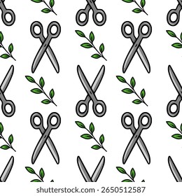 Seamless vector pattern of grey scissors and green leaves, a playful design for crafting or gardening projects.