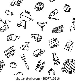 Seamless vector pattern with Grill, barbecue tools, food BBQ.