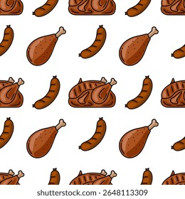 Seamless vector pattern of grilled chicken, sausages and drumsticks, cartoon style illustration with brown color palette for food and drink design.