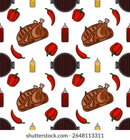 Seamless vector pattern of grilled chicken, red bell peppers, chili peppers, grill and sauces for BBQ design.