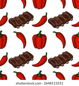 Seamless vector pattern of grilled ribs, red chili peppers, and bell peppers, perfect for BBQ or Mexican food themed designs.