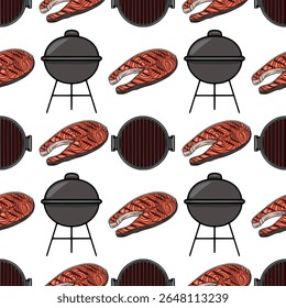 Seamless vector pattern of grilled salmon steaks and charcoal grills, a vibrant illustration perfect for summer BBQ themes and food packaging design.