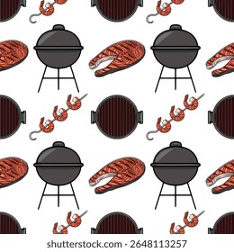 Seamless vector pattern of grilled salmon steak, shrimps on skewers, and charcoal grill, featuring a vibrant cartoon style with contrasting orange and dark gray colors, perfect for summer BBQ or se...