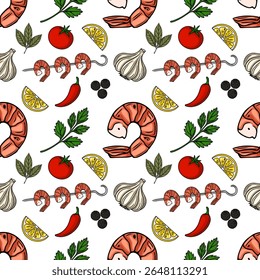 Padrão de vetor sem costura de camarão grelhado, fatias de limão, alho, pimentão, salsa e pimenta preta, criando uma ilustração de comida vibrante e apetitosa perfeita para projetos culinários.