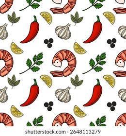 Padrão de vetor sem emenda de camarões grelhados, fatias de limão, pimentas chili, alho, salsa e pimenta preta, criando uma ilustração culinária vibrante e apetitosa.