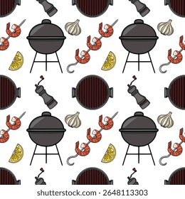 Seamless vector pattern of grilled shrimps, barbecue grill, garlic, lemon slices, and pepper mill, creating a vibrant summer BBQ illustration.