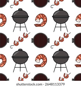 Seamless vector pattern of grilled shrimps and barbecue grills, featuring detailed illustrations of prawns on skewers and a charcoal grill, creating a vibrant summer food theme.