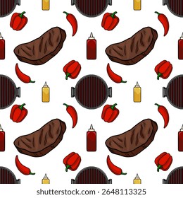 Seamless vector pattern of grilled steak, red bell peppers, chili peppers, grill and sauces on white background, perfect for BBQ menu design or summer food packaging.
