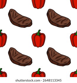 Seamless vector pattern of grilled steak and red bell pepper, hand-drawn in a cartoon style, perfect for food packaging or BBQ menu design.