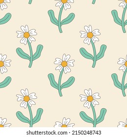 Seamless vector pattern with groovy daisy flower. 70s, 80s, 90s vibes funky background. Retro camomile vector texture. Vintage nostalgia elements for design and print