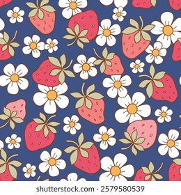 Seamless vector pattern with groovy strawberries and white tiny flowers. Hand drawn vintage spring background. Perfect for textile, wallpaper or nursery print design. EPS10 vector file.