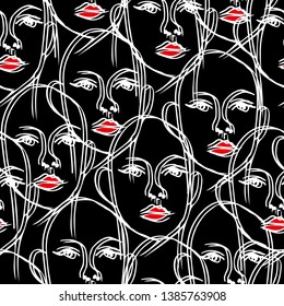 Seamless vector pattern with group of people on black background. Fashion wallpaper design women with red lips. 