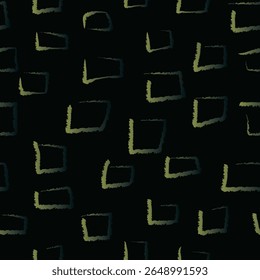 
Padrão de vetor contínuo. Fundo grunge com traçados de pincel desenhados à mão formando uma imagem de quadrados irregulares ocos. Para estampas têxteis e outras texturas em tons de verde escuro.