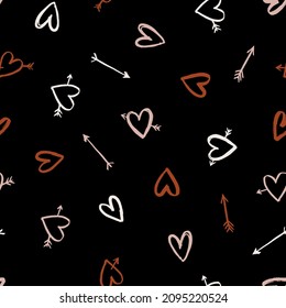Seamless vector pattern with grunge hearts. Romantic background for Valentines Day, holidays and decorative design. Brush love pattern. Vector drawing. Flat illustration for wrapping paper and textile