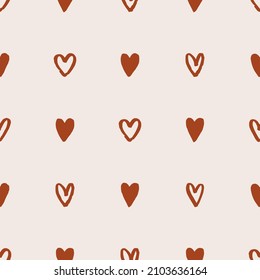 Seamless vector pattern with grunge hearts. Romantic background for Valentines Day, holidays and decorative design. Brush love pattern. Vector drawing. Flat illustration for wrapping paper and textile