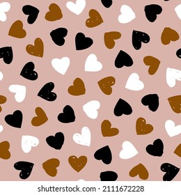 Seamless vector pattern with grunge hearts. Romantic background for Valentines Day, holidays and decorative design. Brush love pattern. Vector drawing. Flat illustration for wrapping paper and textile