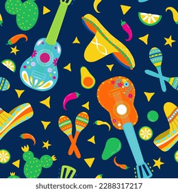 Seamless vector pattern with guitar, sombrero, maracas. Mexican traditional culture and cuisine elements. Bright and fun print on dark backdrop