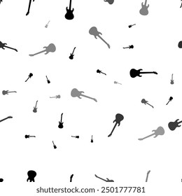 Seamless vector pattern with guitar symbols, creating a creative monochrome background with rotated elements. Vector illustration on white background
