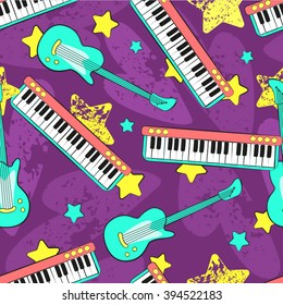 Seamless Vector Pattern of Guitars and Keyboards with Hearts and Stars on  Violet Background
