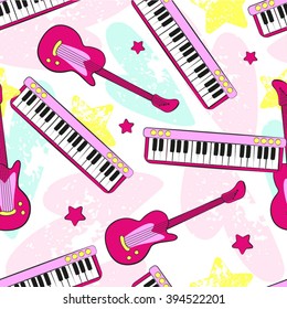 Seamless Vector Pattern of Guitars and Keyboards with Hearts and Stars on White Background