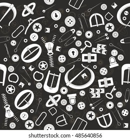Seamless vector pattern for haberdashery. Many fancy metal accessories for clothing and bags. Buttons, buckles, metal pins, fibula, zip on black background. Graphic vintage style.