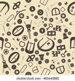 Seamless vector pattern for haberdashery. Many fancy metal accessories for clothing and bags. Buttons, buckles, metal pins, fibula, zip on beige background. Graphic vintage style.