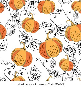 Seamless vector pattern with had drawn pumpkin elements on white background. Good for wrapping paper, gift and book cover, decoration, greeting and invitation card