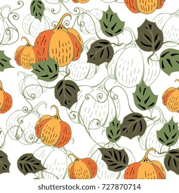 Seamless vector pattern with had drawn pumpkin elements on white background. Good for wrapping paper, gift and book cover, decoration, greeting and invitation card