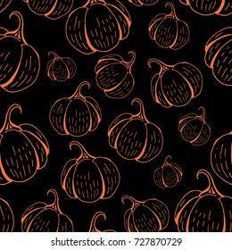 Seamless vector pattern with had drawn pumpkin elements on dark background. Good for wrapping paper, gift and book cover, decoration, greeting and invitation card