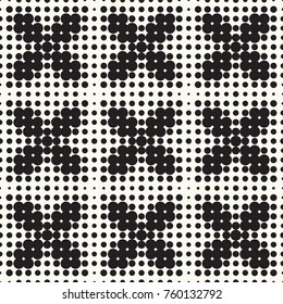 Seamless vector pattern halftone design. Modern textile print with black dots. Monochrome fashion background. Grid of circles.