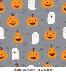 Seamless vector pattern Halloween background with pumpkins and ghosts Hand drawn design in cartoon style used for printing, wallpaper, cloth, fashion textile