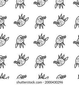 Seamless vector pattern for Halloween with black line.Holiday print with strawberries and worms in doodle hand drawn style.Designs for textiles,packaging,web,coloring books,wallpaper.