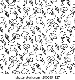 Seamless vector pattern for Halloween with black line.Holiday print with mushrooms and leaves in doodle hand drawn style.Designs for textiles,packaging,web,coloring books,wallpaper.