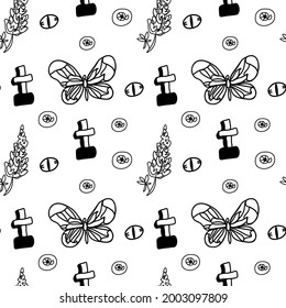 Seamless vector pattern for Halloween with black line.Holiday print with cross,scary graffiti,butterfly,lupin in doodle hand drawn style.Designs for textiles,packaging,web,coloring books,wallpaper.