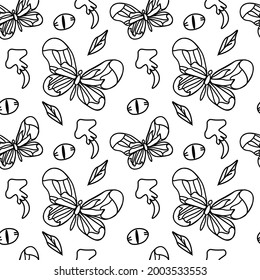 Seamless vector pattern for Halloween with black line.Holiday print with mushrooms,scary graffiti,butterfly in doodle hand drawn style.Designs for textiles,packaging,web,coloring books,wallpaper.
