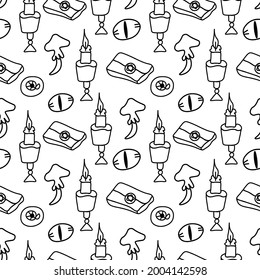 Seamless vector pattern for Halloween with black line.Holiday print with mushrooms,scary eyes,candles  in doodle hand drawn style.Designs for textiles,packaging,web,coloring books,wallpaper.