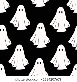 Seamless vector pattern for Halloween. Black and white print. Hand drawn cartoon ghost. Happy Halloween