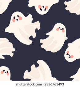 Seamless vector pattern for halloween. Cute ghosts on dark background 